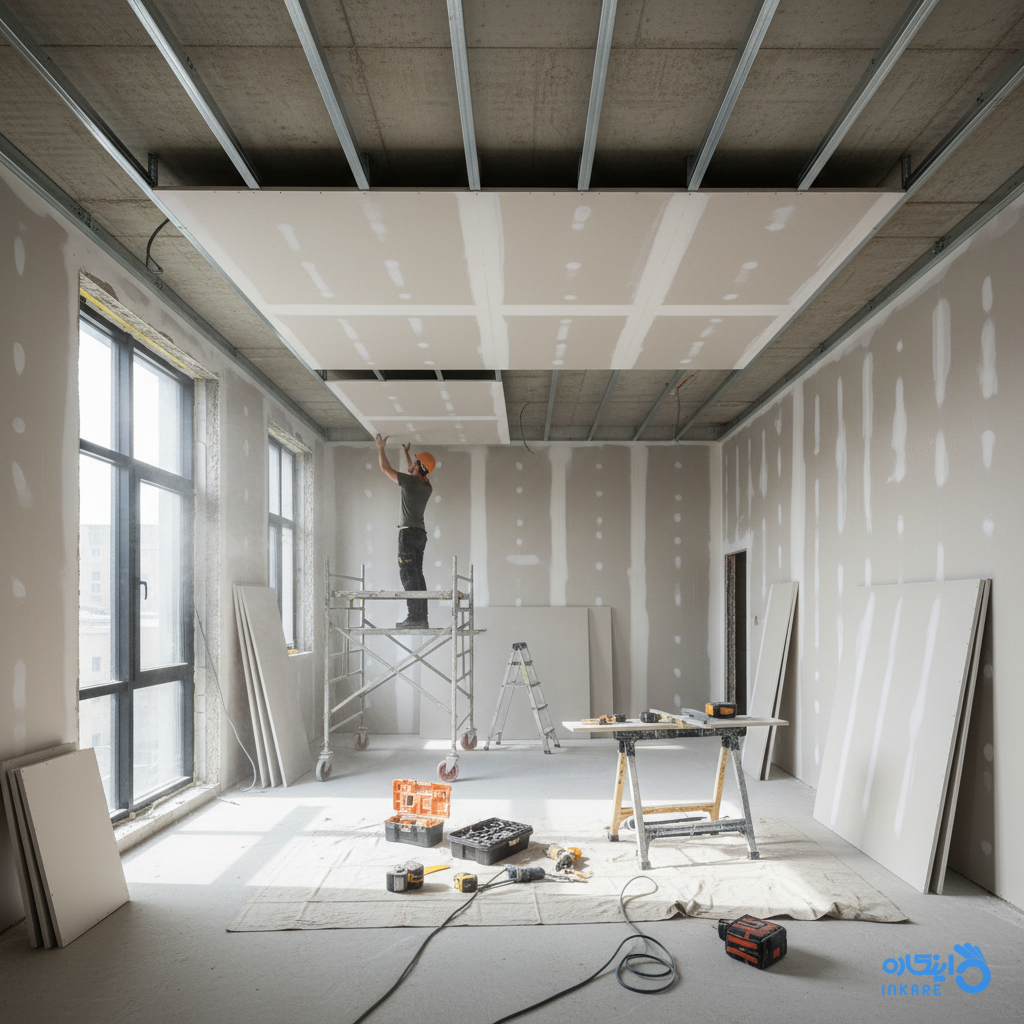 اتاق در حال اجرای کناف سقف با سازهها و صفحات گچی