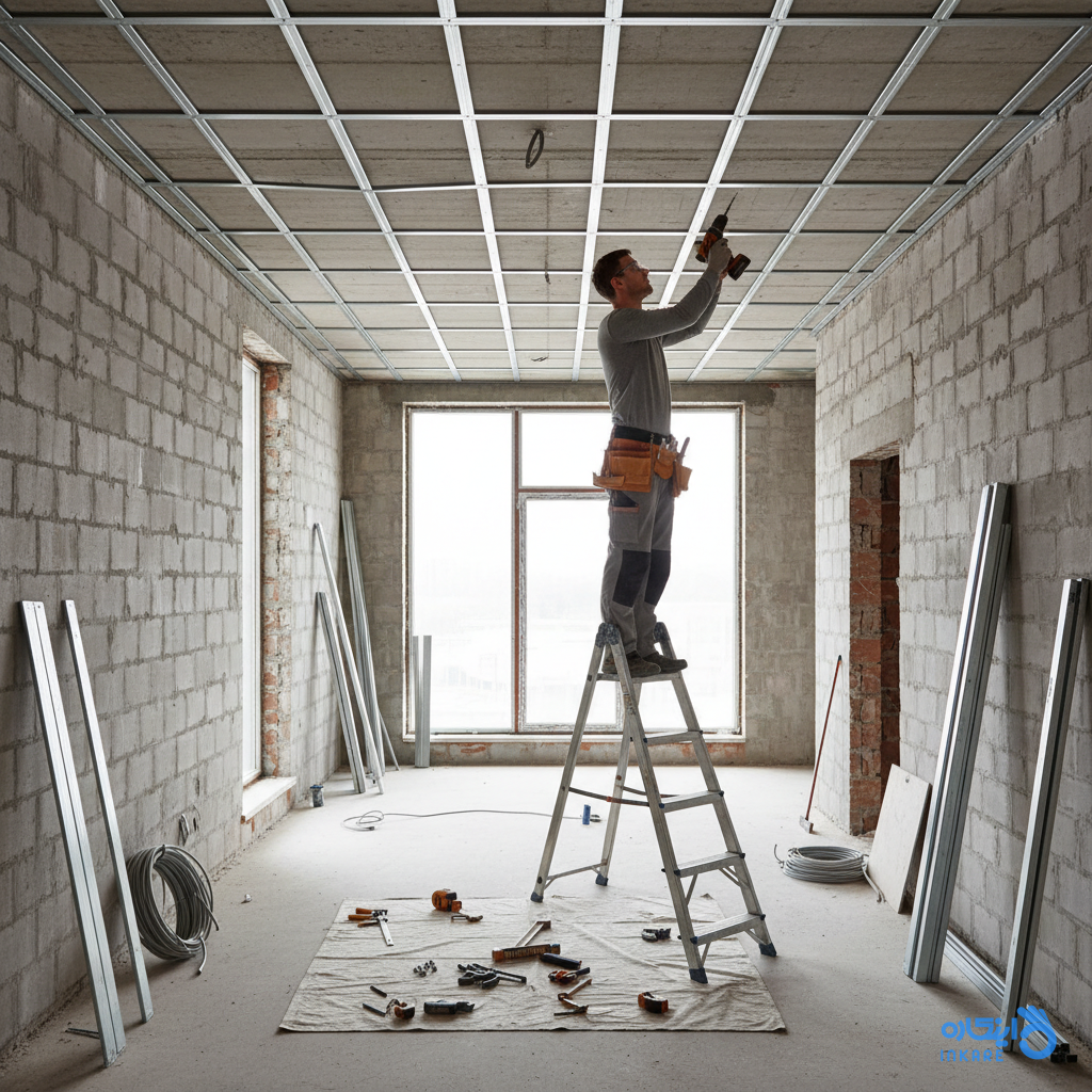 کارگر در حال نصب زیرسازی پروفیل برای کناف دیوار