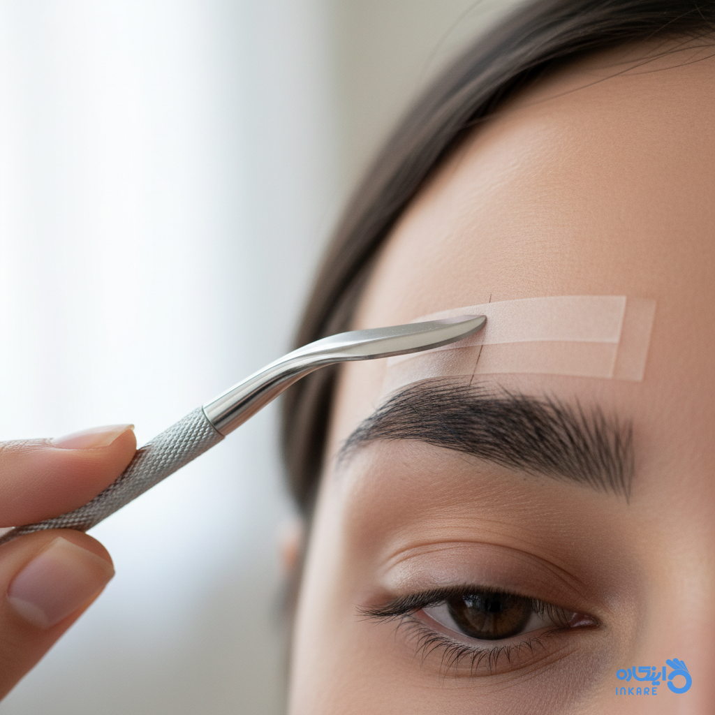 دست در حال اصلاح شکاف عمودی روی ابرو با تیغ و نوار چسب