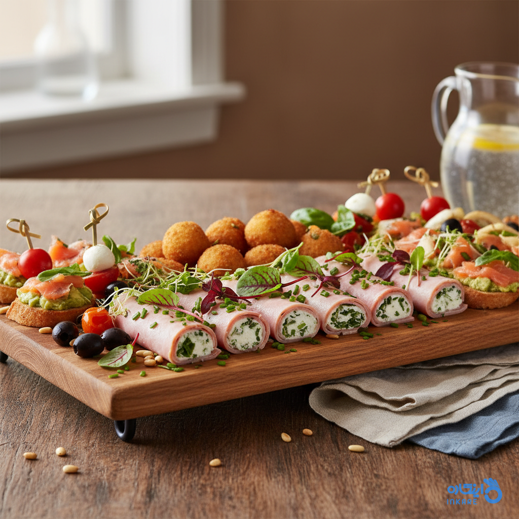 فیگرفود رولت ژامبون زیبا و تزئینشده روی میز چوبی