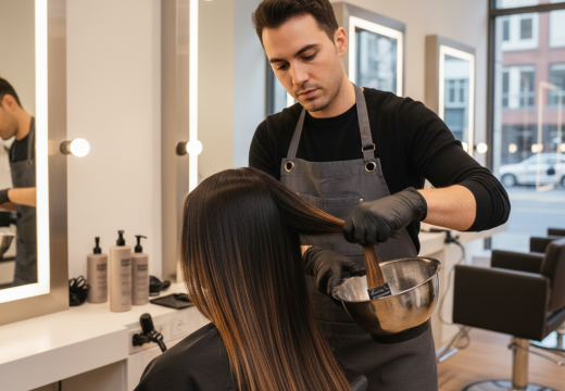 آرایشگر در حال اجرای تکنیک بالیاژ به رنگ بلوند کاهی روی موی مشکی صاف