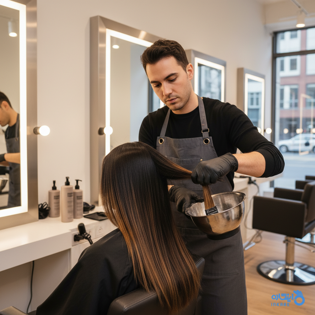 آرایشگر در حال اجرای تکنیک بالیاژ به رنگ بلوند کاهی روی موی مشکی صاف
