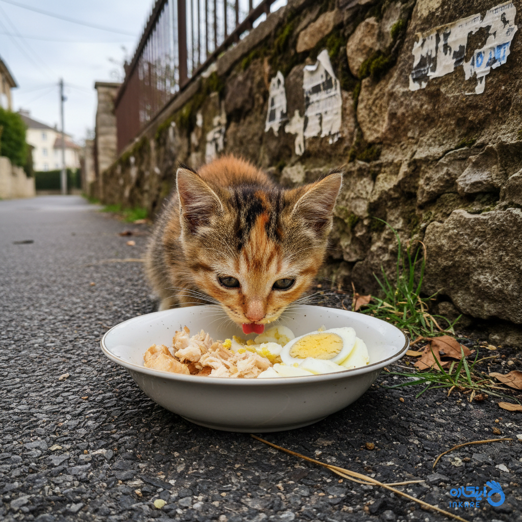 بچه گربه خیابانی در حال خوردن غذای مغذی در محیطی امن