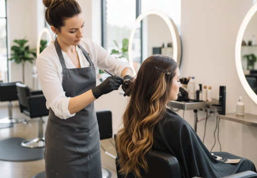 آرایشگر مو در حال اجرای تکنیک آمبره روی موهای طبیعی در سالن روشن