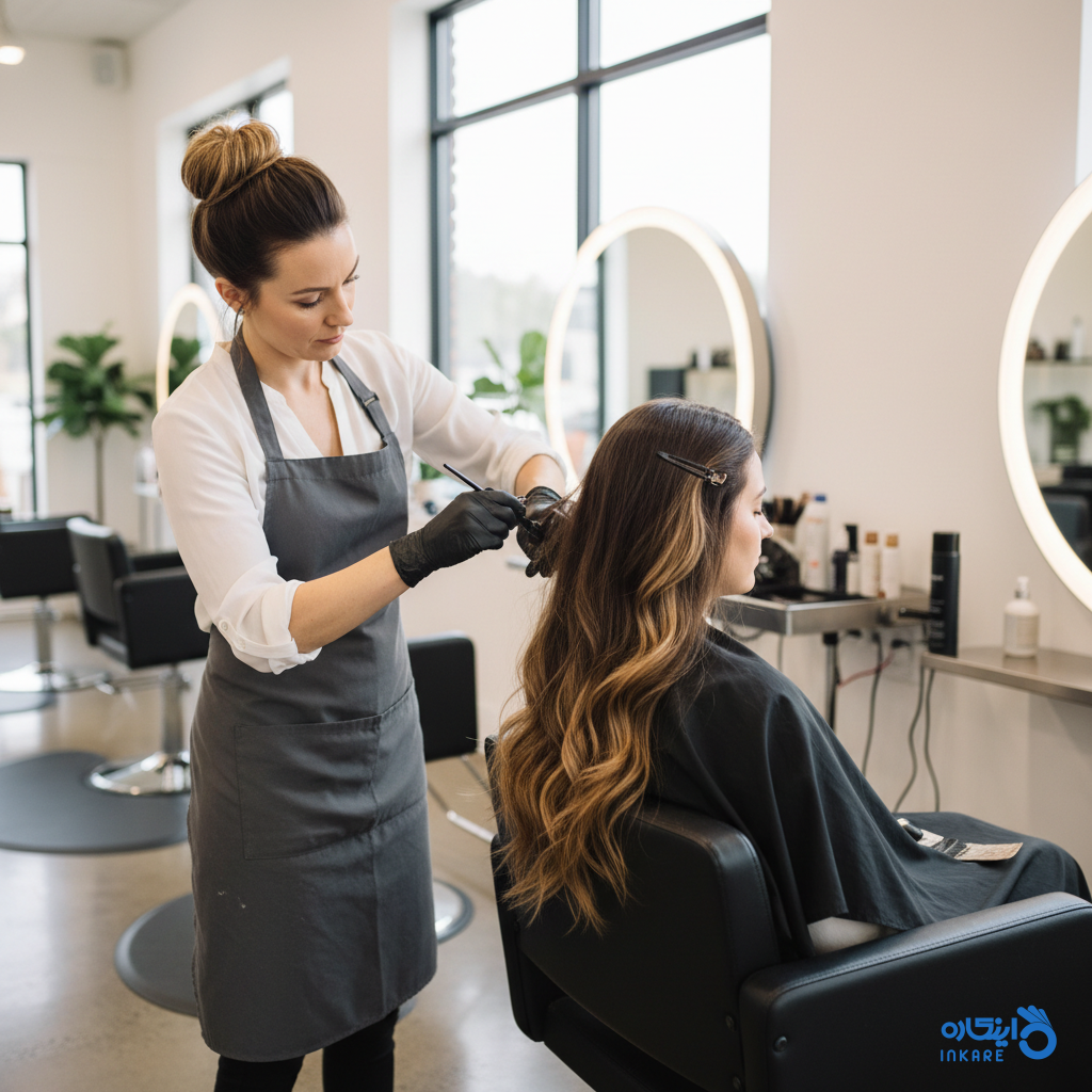 آرایشگر مو در حال اجرای تکنیک آمبره روی موهای طبیعی در سالن روشن