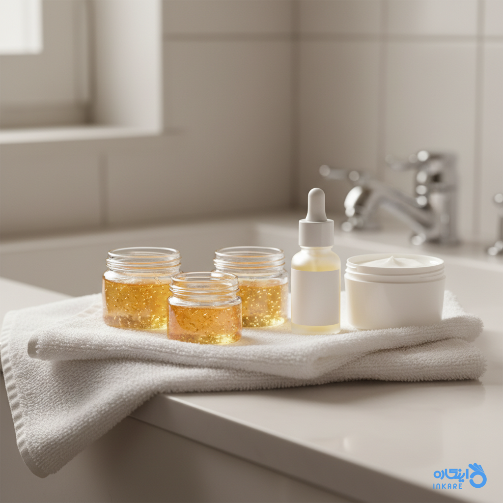 مواد طبیعی لیفت مژه شامل ژلاتین، کراتین و وازلین روی حوله سفید