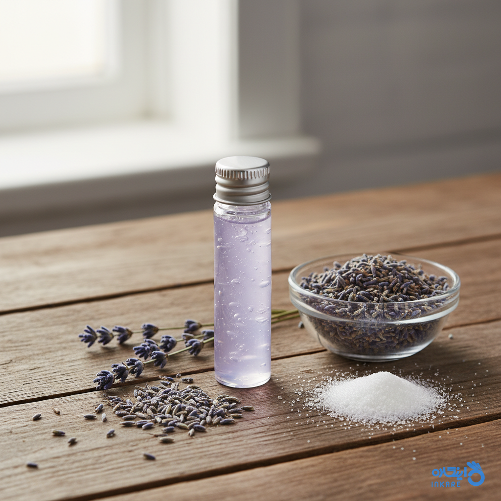 تیوب ژل ابروی خانگی همراه با روغن اسطوخودوس و ژلاتین روی میز چوبی