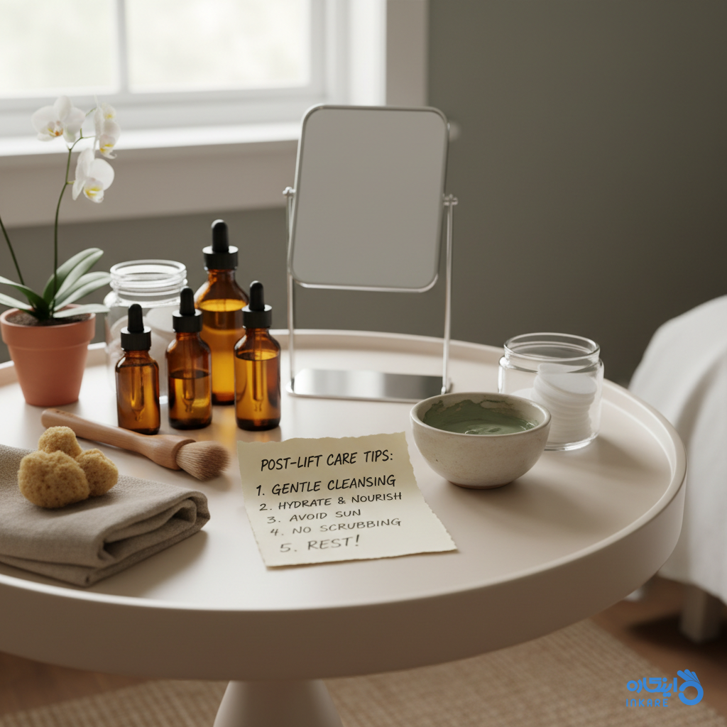 میز آرایش با وسایل مراقبت طبیعی و یادداشت نکات مراقبتی پس از لیفت