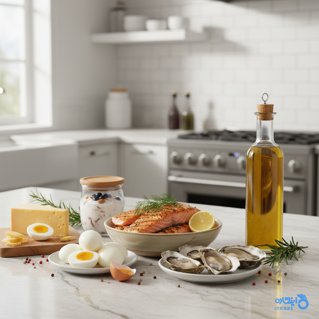 مواد غذایی حاوی ویتامین ب۱۲ و روغن زیتون روی میز آشپزخانه