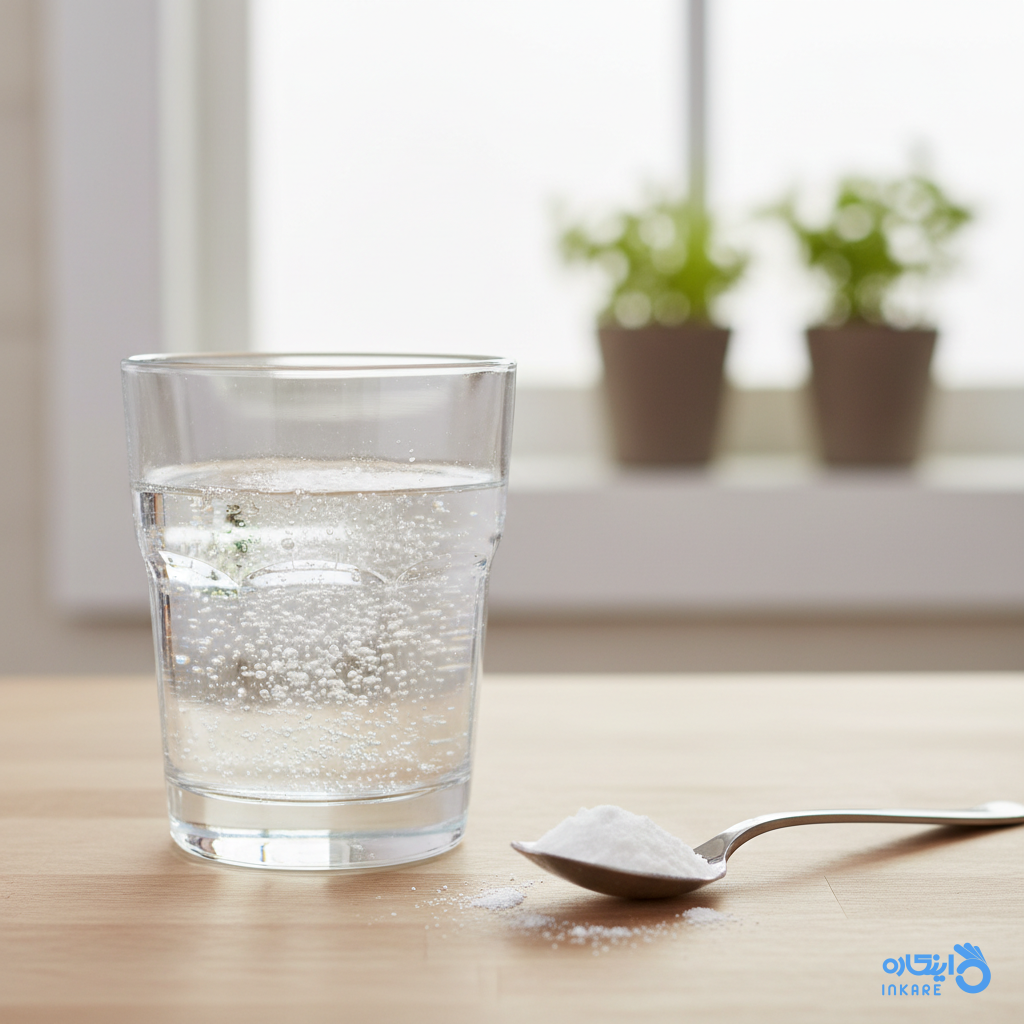لیوان آب با جوش شیرین و قاشق جوش شیرین روی میز آشپزخانه