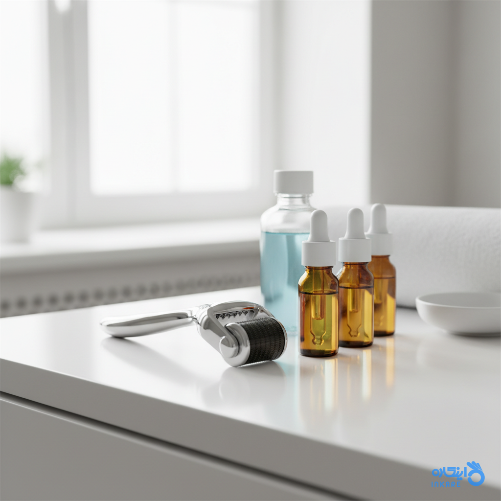 دستگاه درمارولر و کوکتلهای مزوتراپی روی میز سفید با نور طبیعی