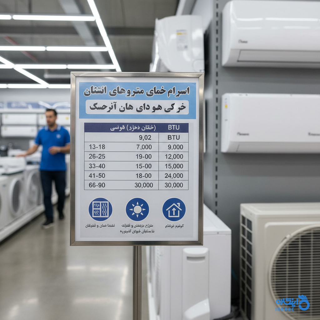 پوستر اطلاعاتی درباره ظرفیت کولر گازی و متراژ اتاق به زبان فارسی