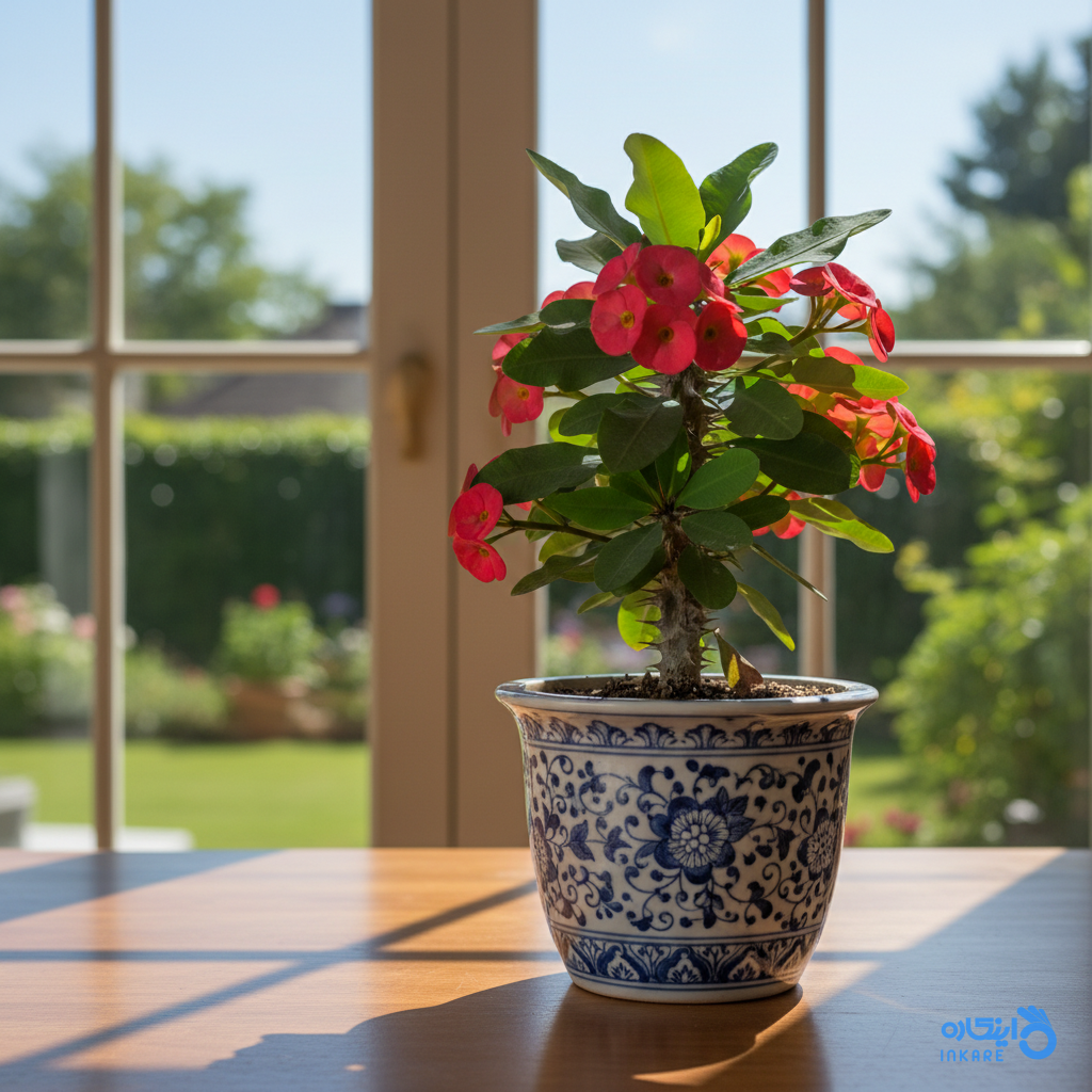 گیاه گل مرجان در گلدان کنار پنجره
